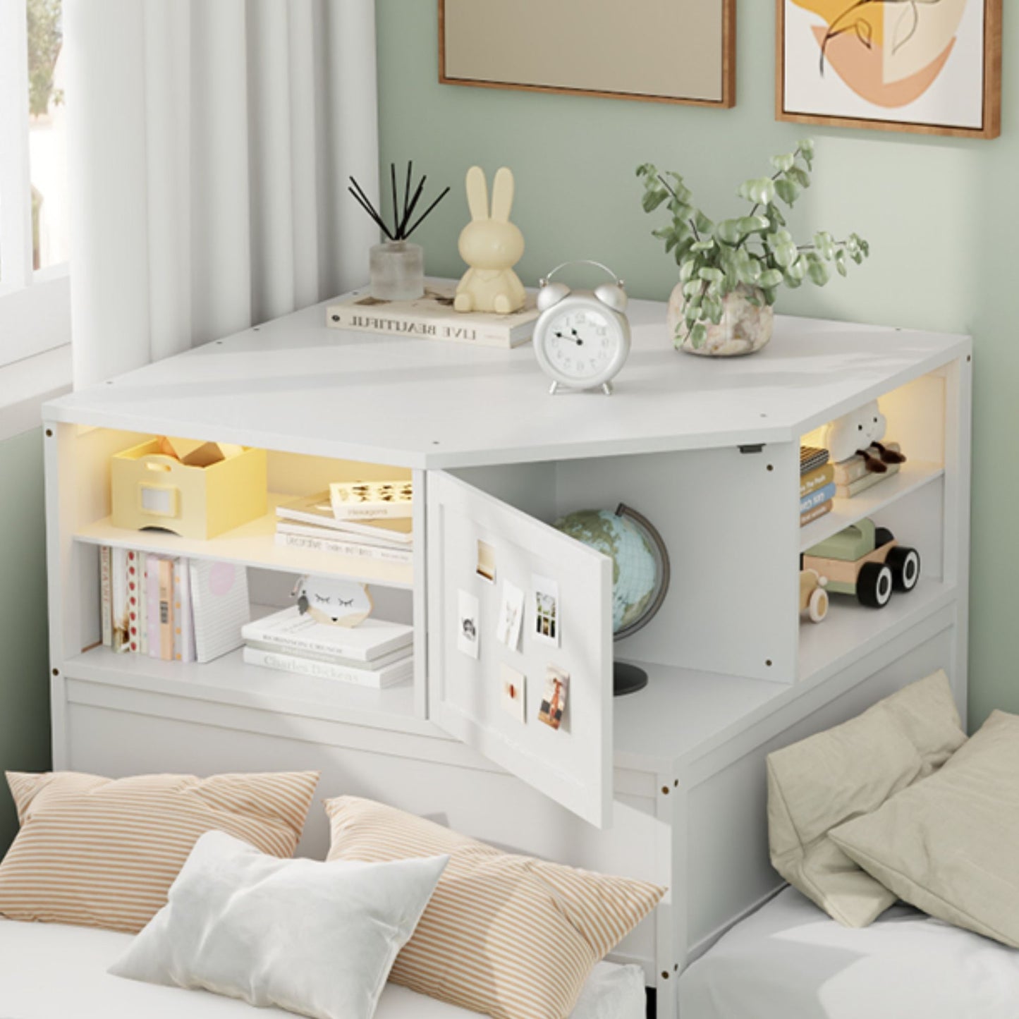 L-Shaped Bed Frame With Trundle, Built In Desk & LED Lighting