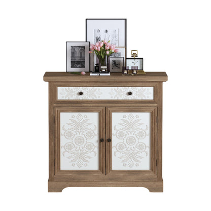 Accent Cabinet With Carved Floral Panels, Sideboard With Drawer And Double Doors - Antique Brown / White