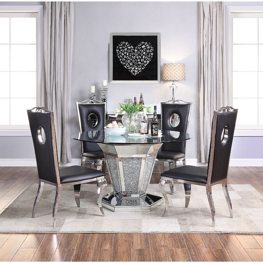 Noralie - Dining Table - Mirrored, Faux Diamonds & Clear Glass Top