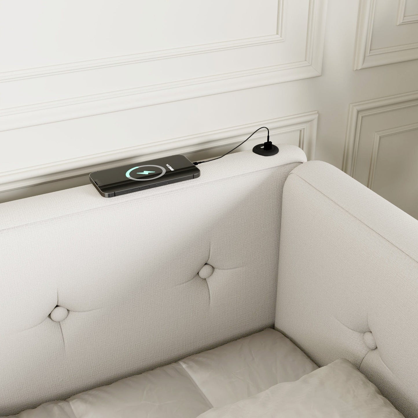 Modern Upholstered Platform Bed With USB Ports And LED Belt