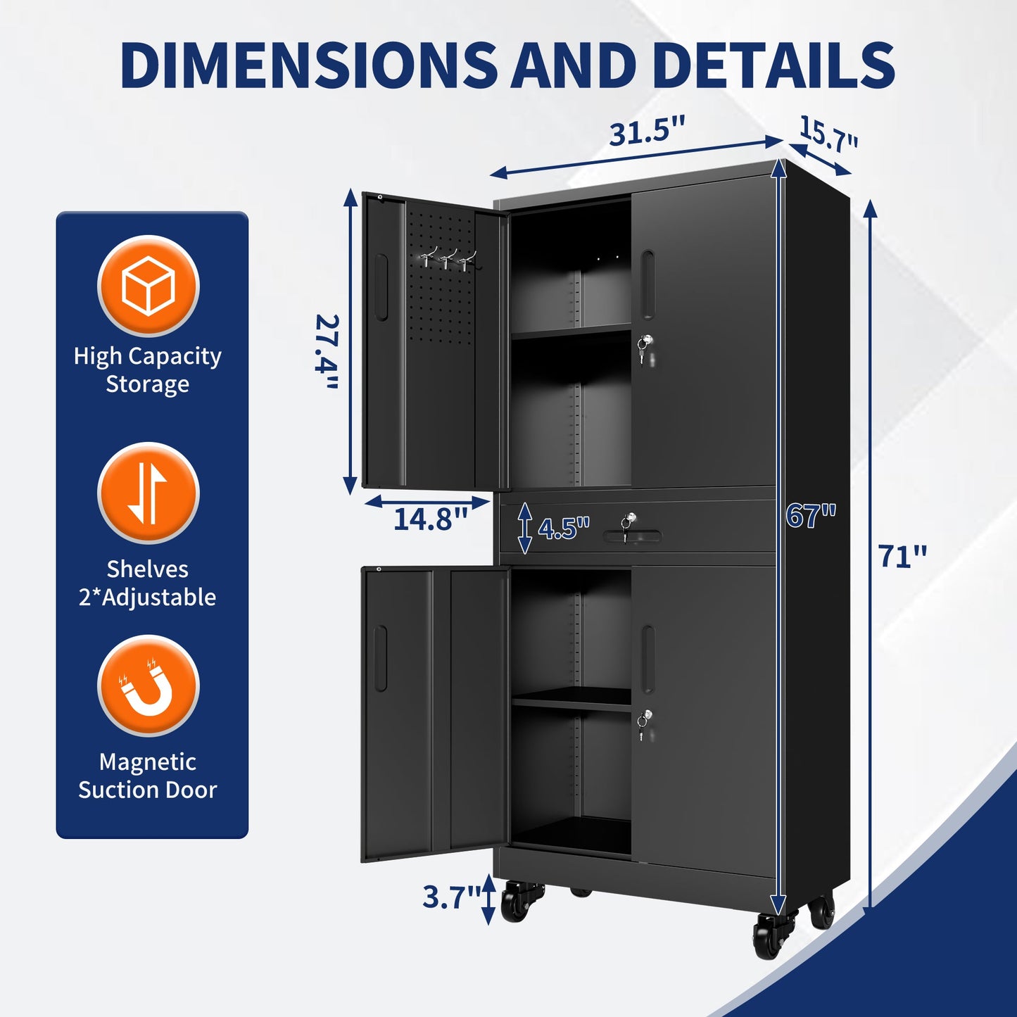 Metal Storage Cabinet with Drawer, Locking Doors, and Rolling Wheels