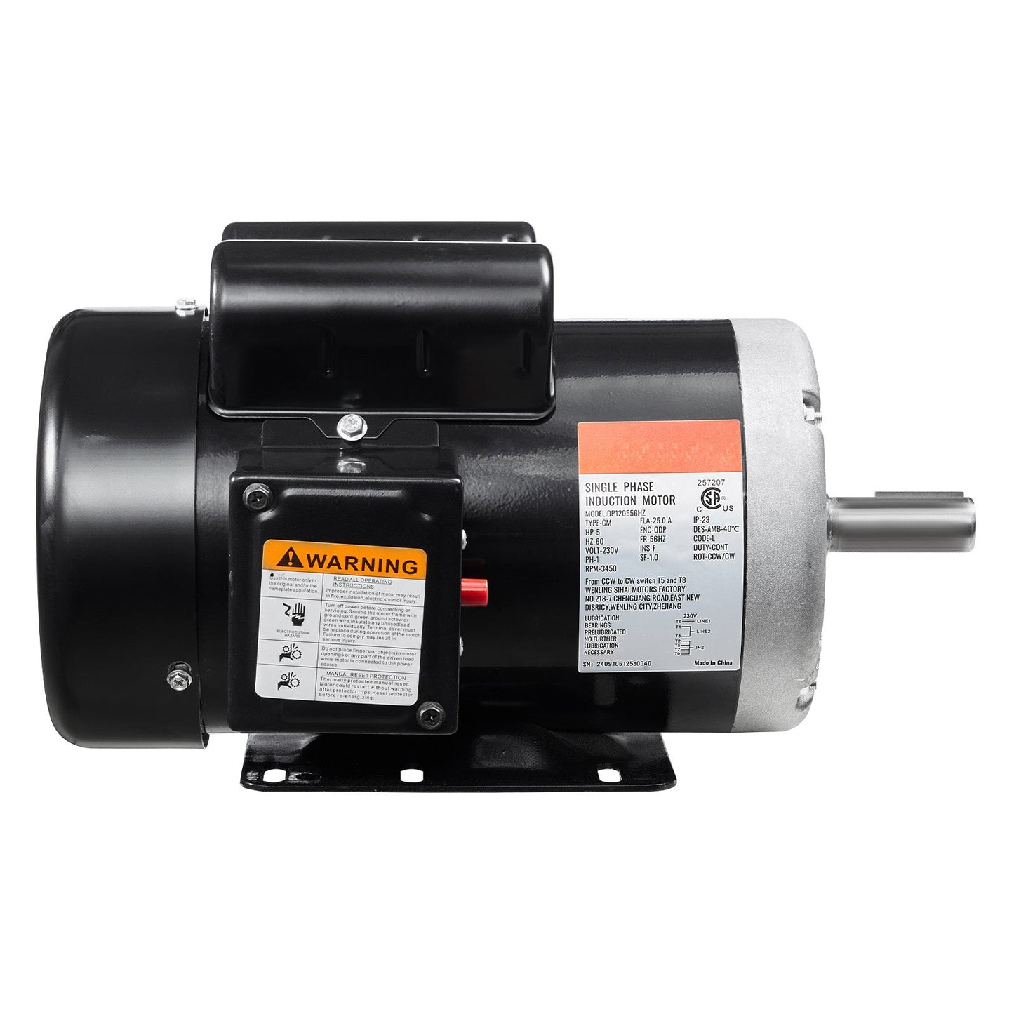 5HP Air Compressor Electric Motor 230V 25A 3450RPM CW/CCW Rotation