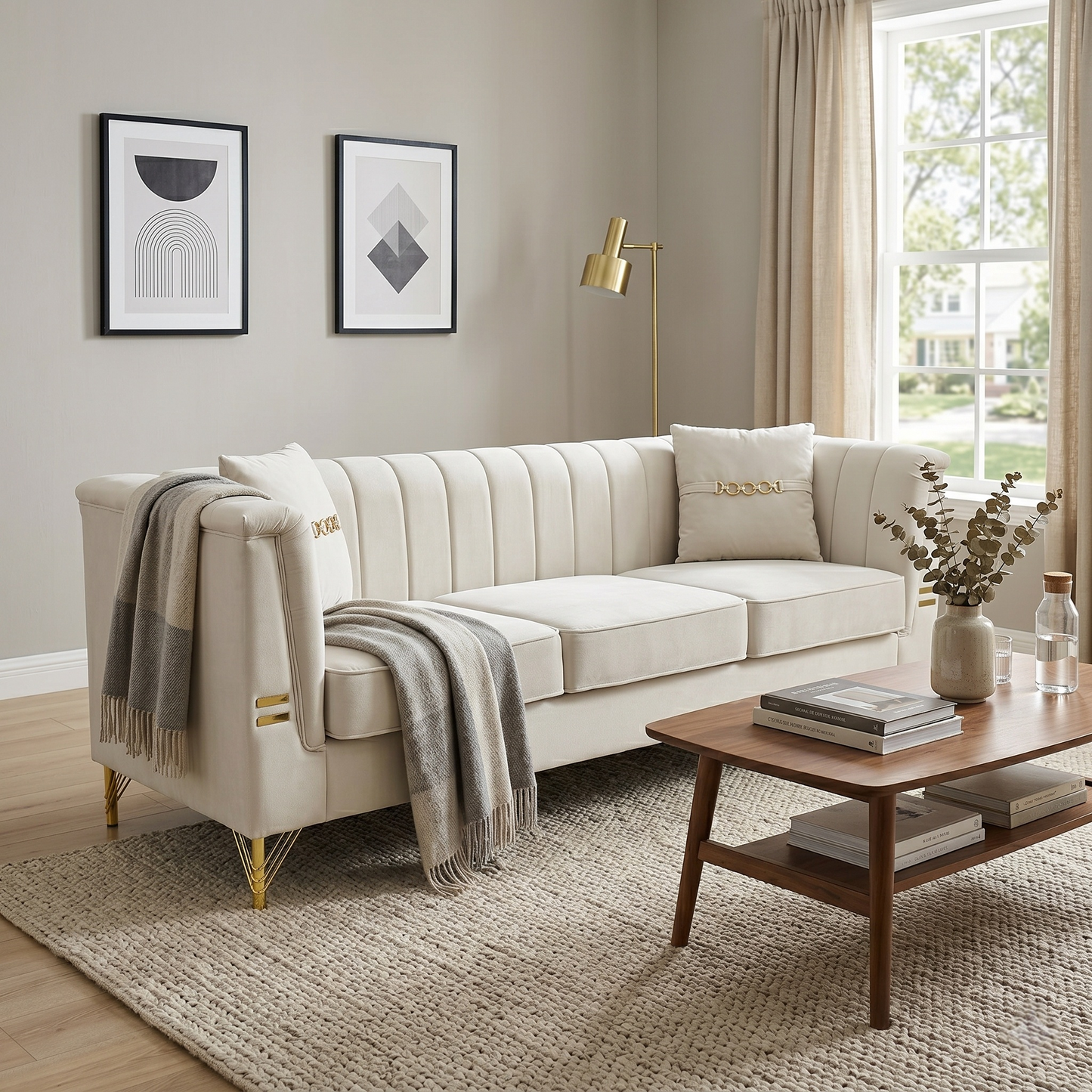 FX-P82B-BE (834-3 Sofa) Velvet 3-Seater Sofa