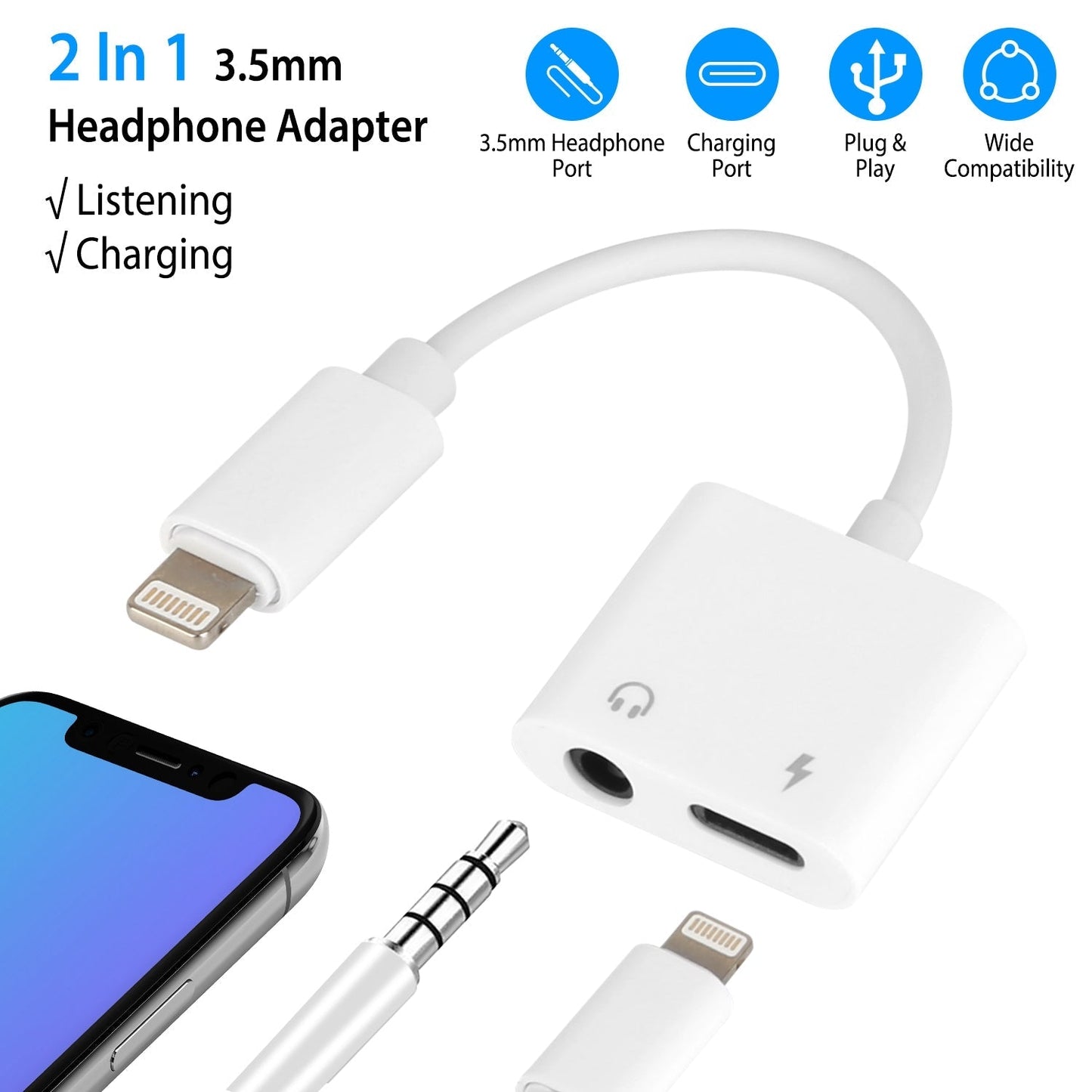 2 In 1 3.5mm Headphone Adapter Charger Audio Splitter Dongle Adapter Fit for iPhone 13/13Pro/SE/12/12 Mini/12 Pro/12 Pro Max/iPhone 11/11 Pro/11 Pro M