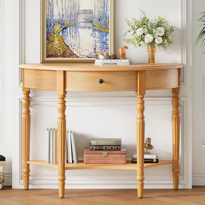TREXM Farmhouse Half Moon Console Table with Drawer & Shelf