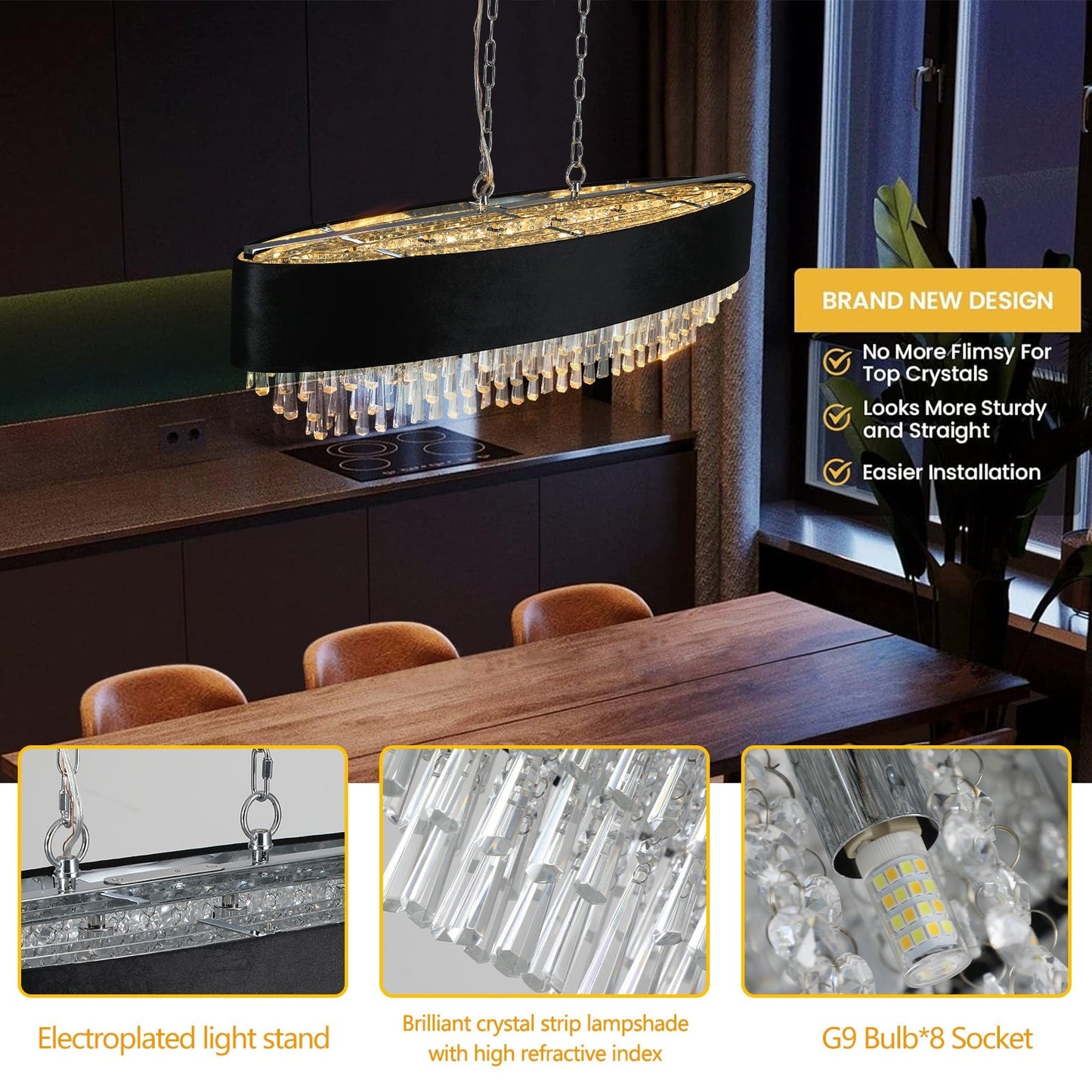 39' Modern Crystal Chandelier with Black Imitation Velvet Shade