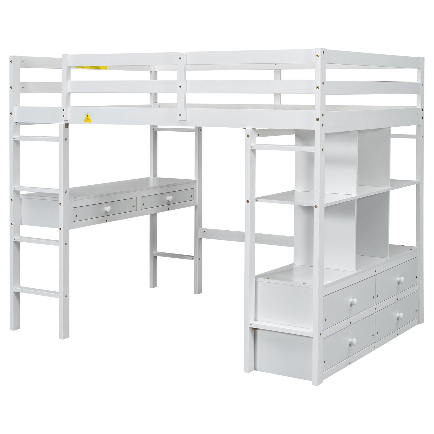 Full Size Loft Bed With Built In Desk, 2 Drawers, Storage Shelves - White