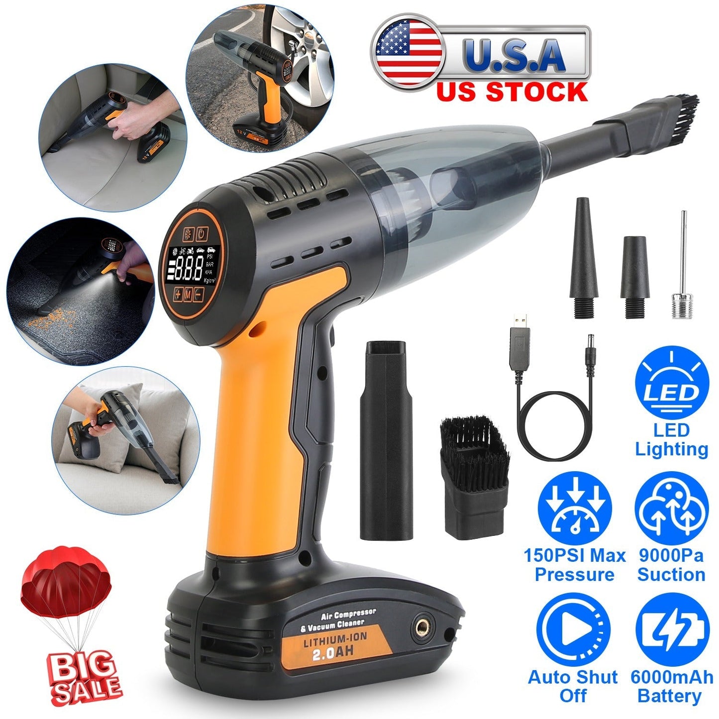 4 In 1 Cordless Car Vacuum Cleaner and Tire Inflator with LED Light Digital Display Tire Pressure Gauge 150PSI Rechargeable Air Compressor Pump Essent