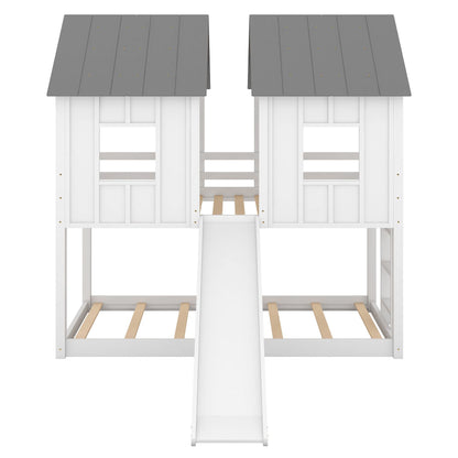 Twin Over Twin House Bunk Bed With Slide And Windows - White / Gray