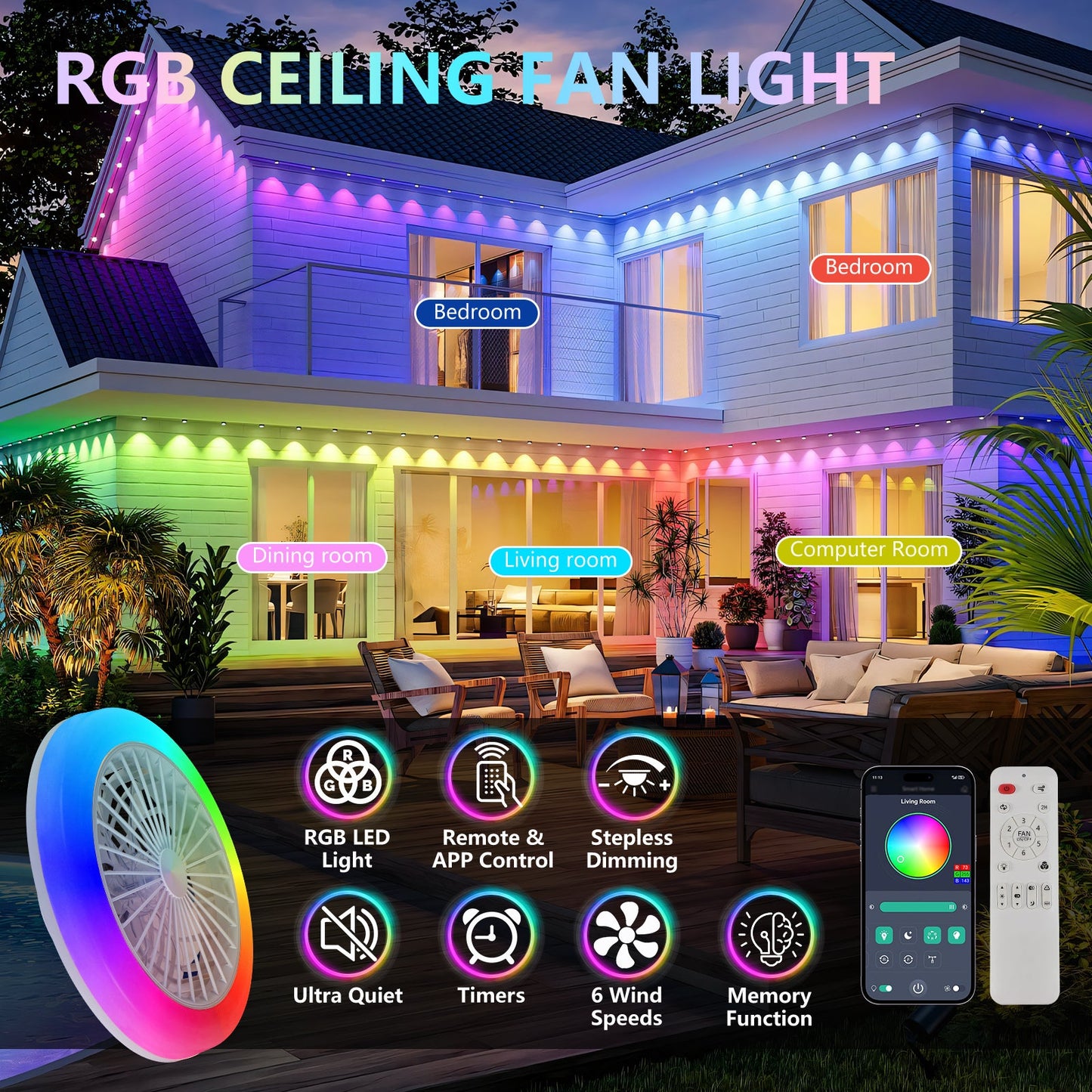 18 Inch Ceiling Fan with RGB Light and Remote Control
