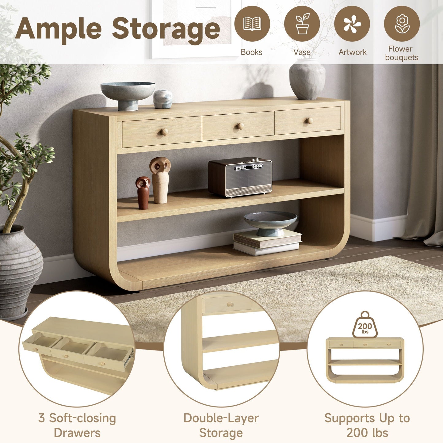 Console Table With 3 Soft Close Drawers & 2 Open Shelves