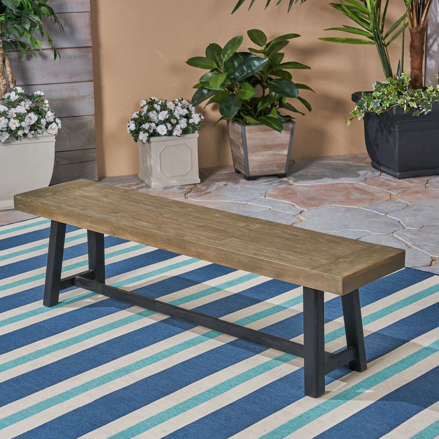Cloud Outdoor Bench With Acacia Wood Frame And Slat Panel Design