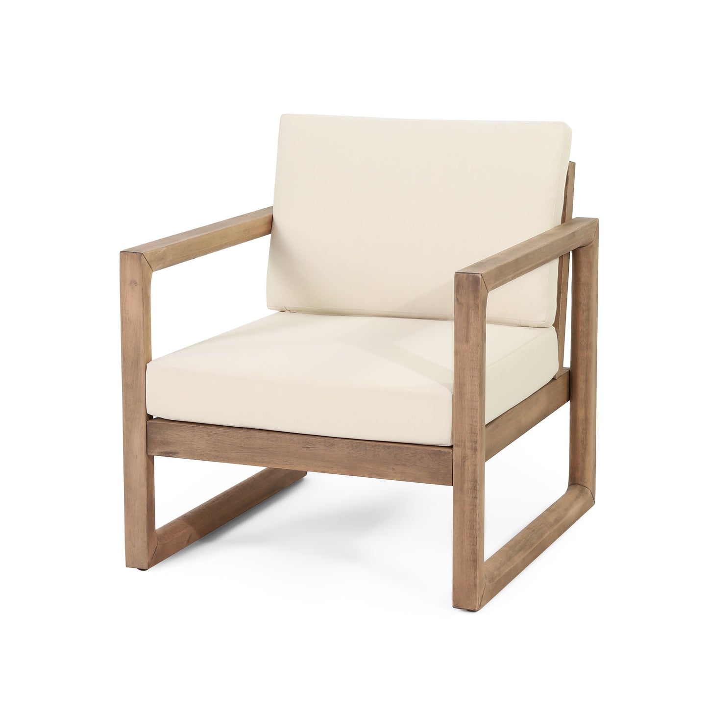 Set of 2 Outdoor Acacia Wood Patio Club Chairs with Beige Cushions