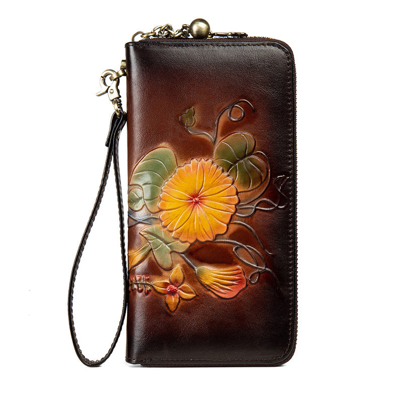 Genuine Leather Long Wallet Bag Hand-Painted Finish Zipper Closure Full-Grain Cowhide Clutch
