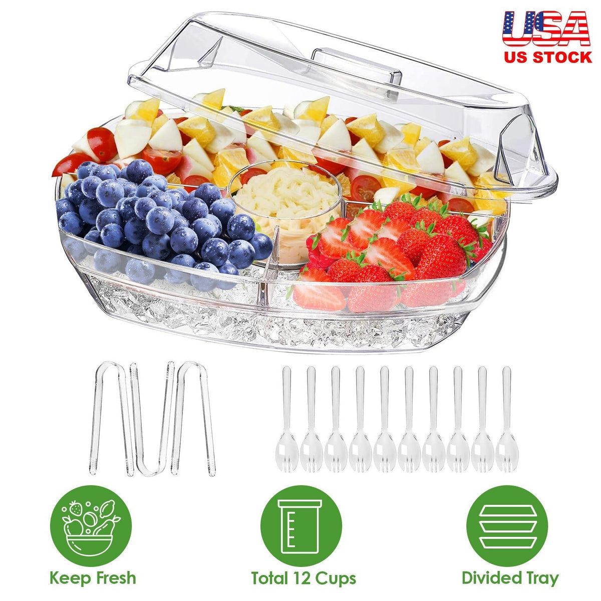 Fruit Ice Serving Tray Chilled Veggie Tray Shrimp Cocktail Serving Dish Appetizer Party Serving Platter Cold Food Buffet Server with Lid and 4 Compart