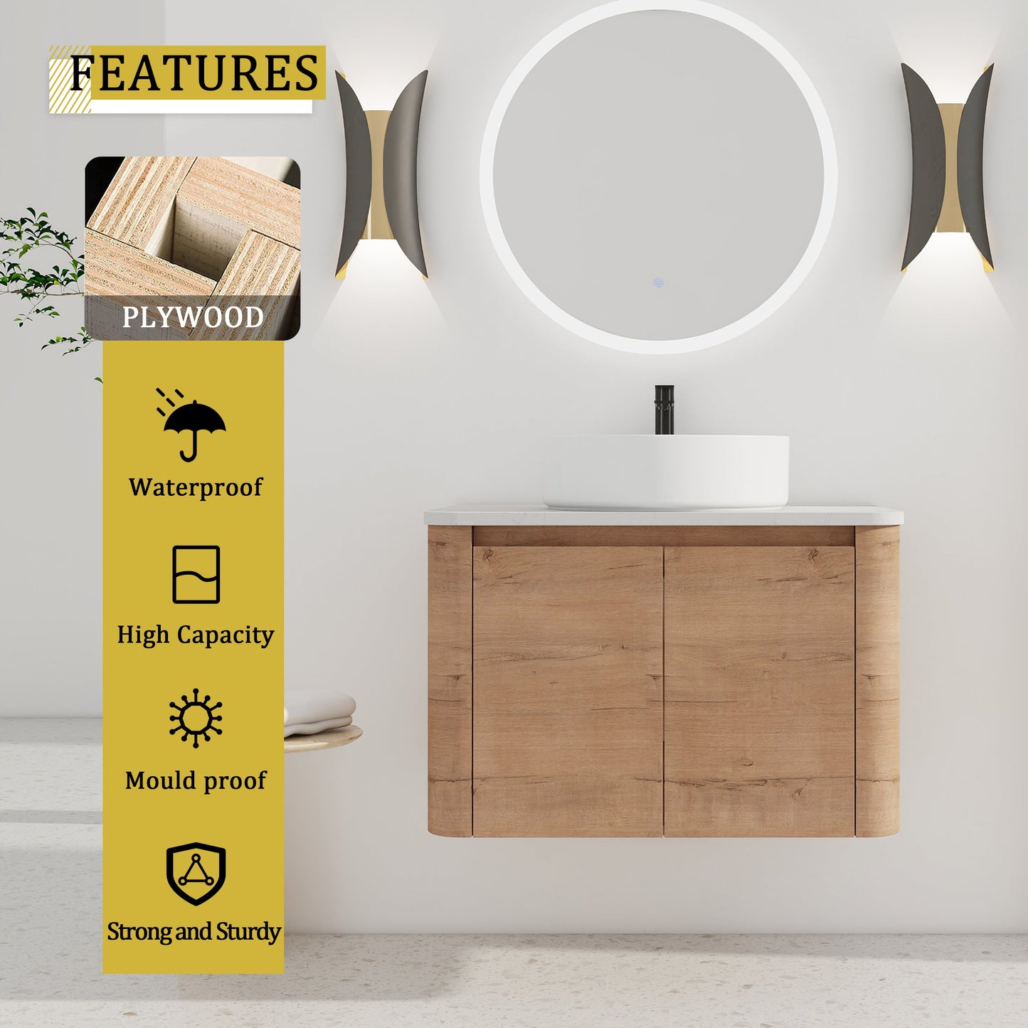 30" Wall-Mounted Bathroom Vanity With Ceramic Art Sink & 2 Soft-Close Doors