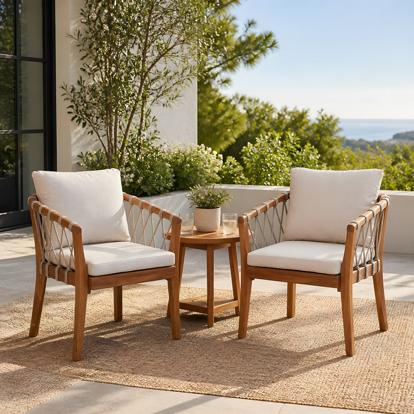 Outdoor Dining Chairs Set for 2, Acacia Wood Frame with Teak Finish