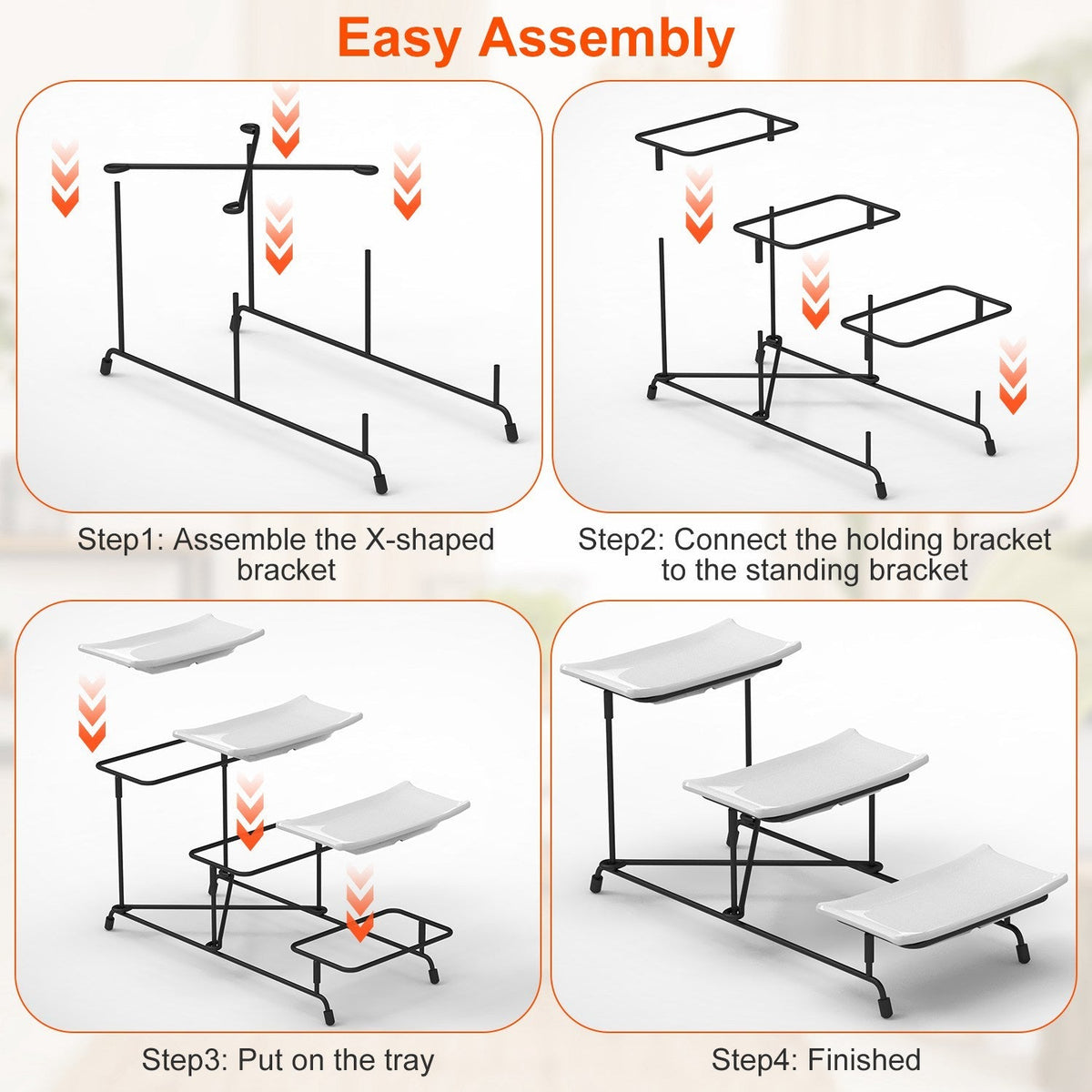 3-Tier Plastic Serving Tray Dessert Server Display Serving Stand Dinnerware with 3 Rectangular Plastic Serving Platters Metal Stand for Entertaining F
