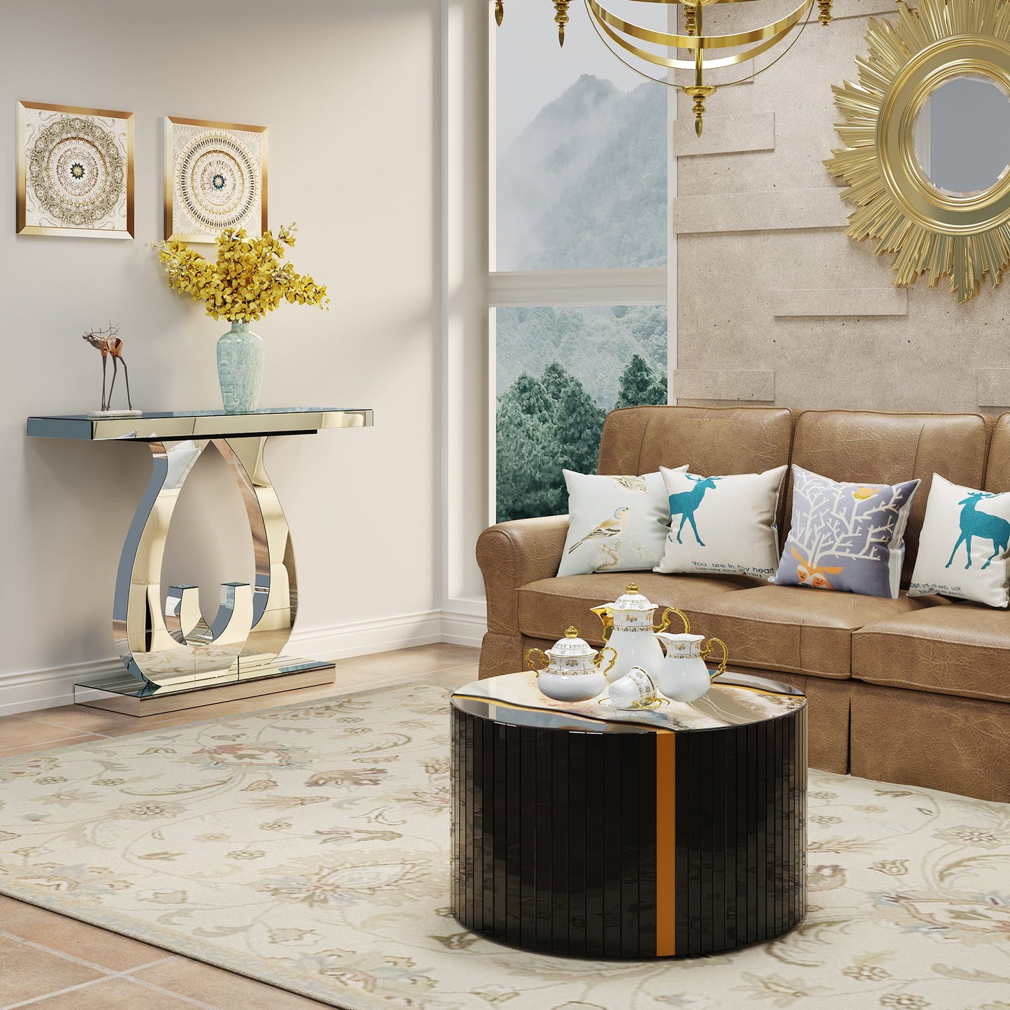 Modern Mirror Side Table with Double C-Shape Base