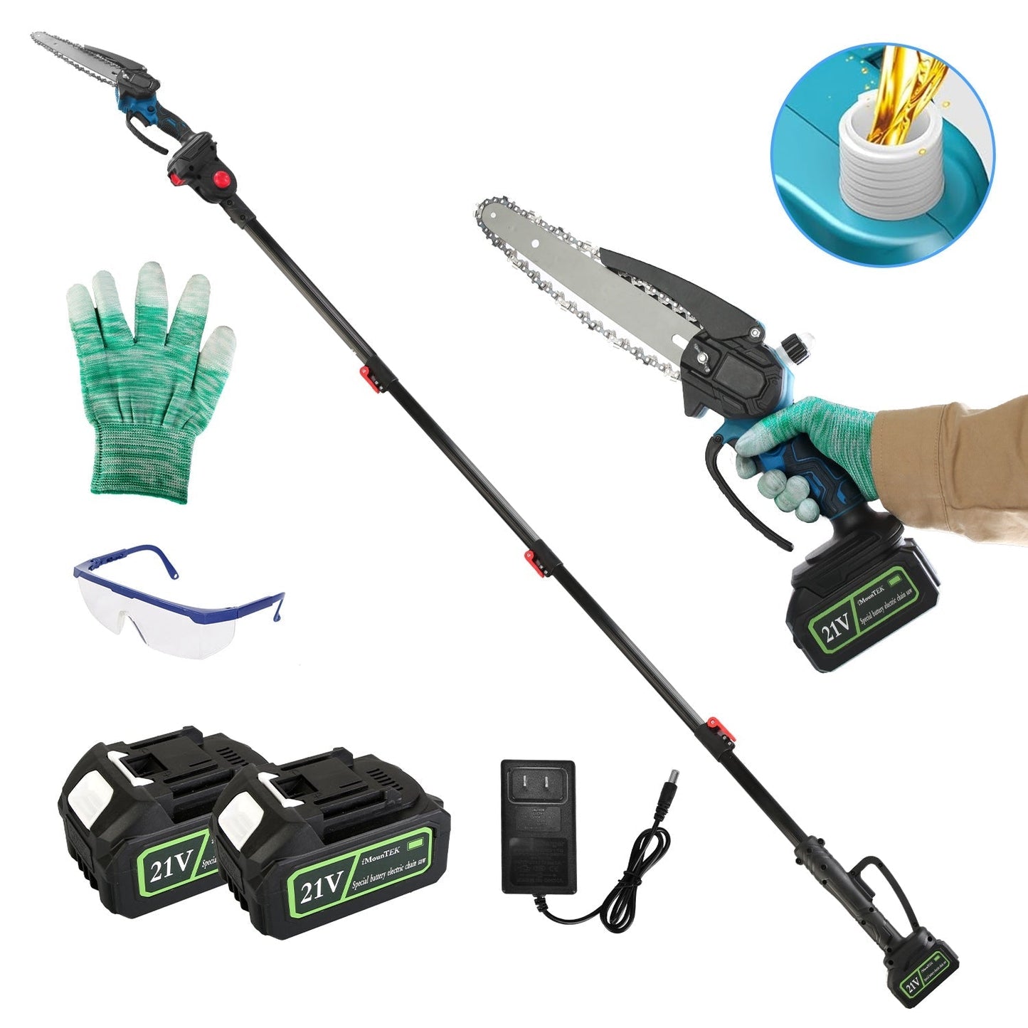 2-In-1 8Ó Cordless Electric Pole Saw and Mini Chainsaw with Extension Poles 2Pcs 21V 3.0Ah Batteries Adjustable Length Chain Saw With Auto Oiler Safet