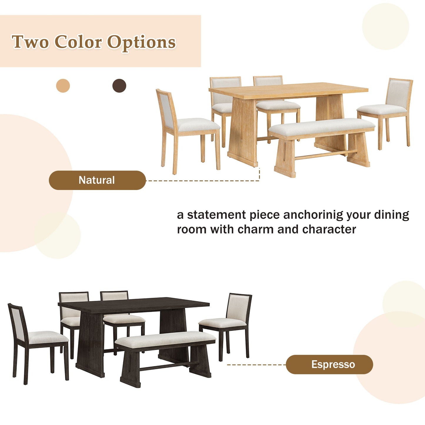 Dining Set With Rectangular Table, 4 Upholstered Chairs & 1 Padded Bench