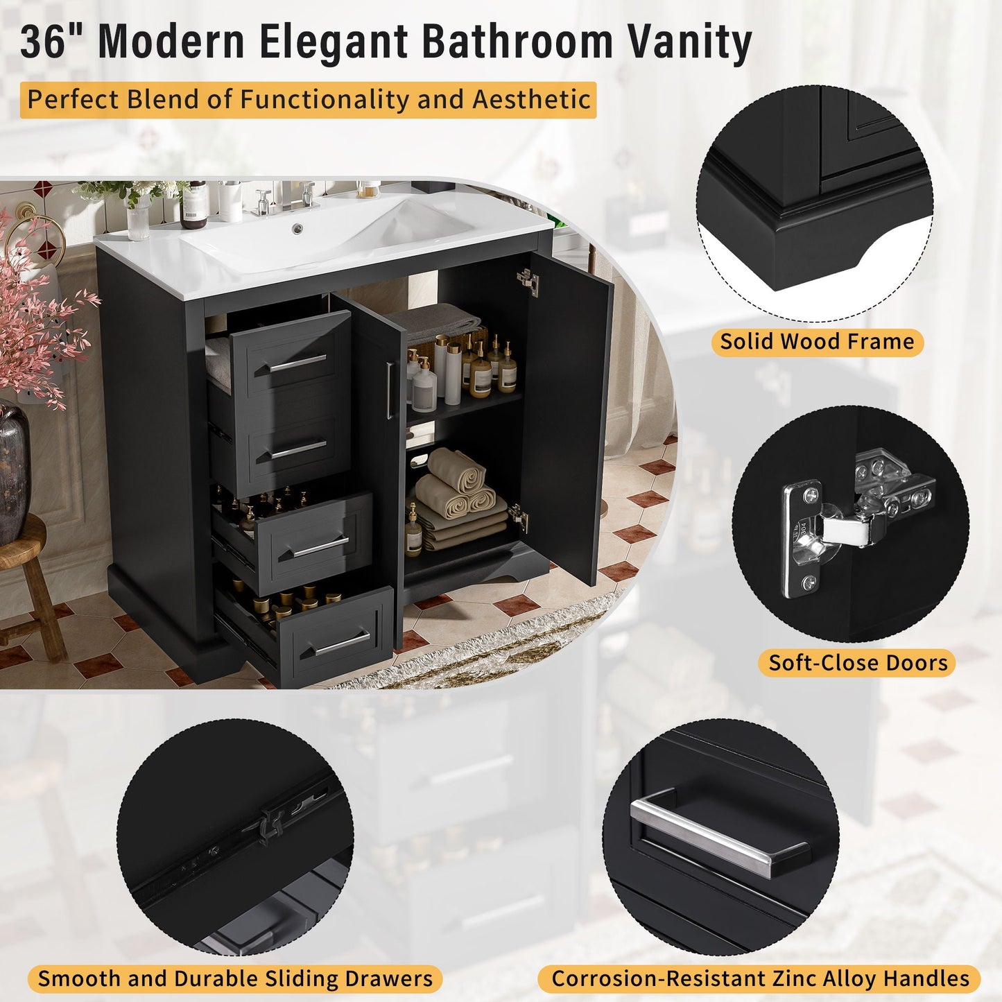 Bathroom Vanity With Sink, Soft Close Doors, Adjustable Shelf & 3 Drawers