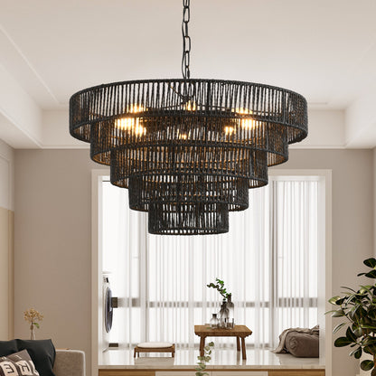 24" Rustic 5-Tier Black Hemp Rope Pendant Light Chandelier