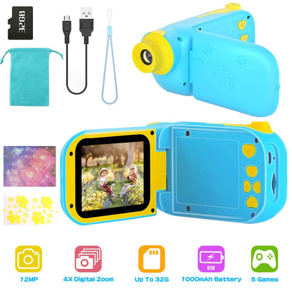 Kids Digital Camera Child Video Camera Children Camcorder Christmas Toy Birthday Gifts with 2.4in Screen 4X Digital Zoom 5 Games 32G MMC Card for 3-10