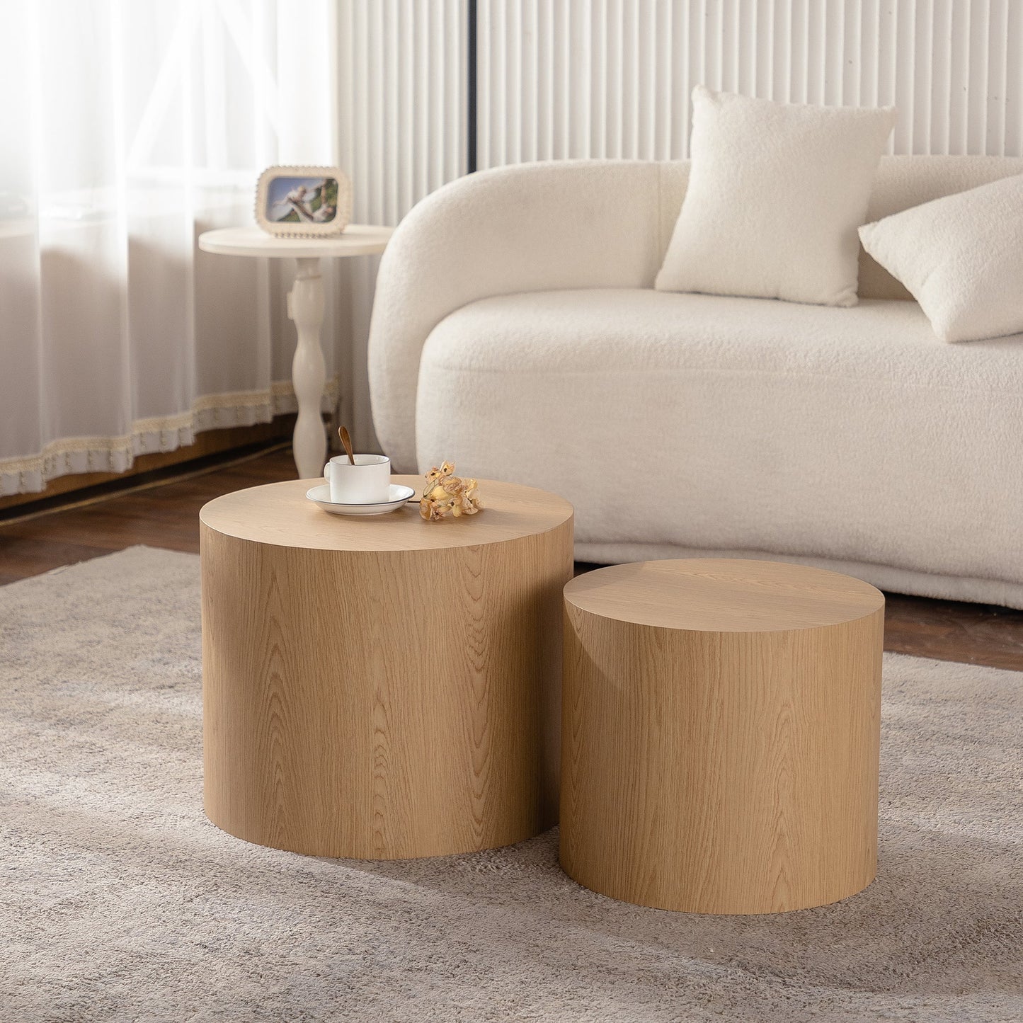 Nesting Coffee Table Set of 2 Round Wooden Tables