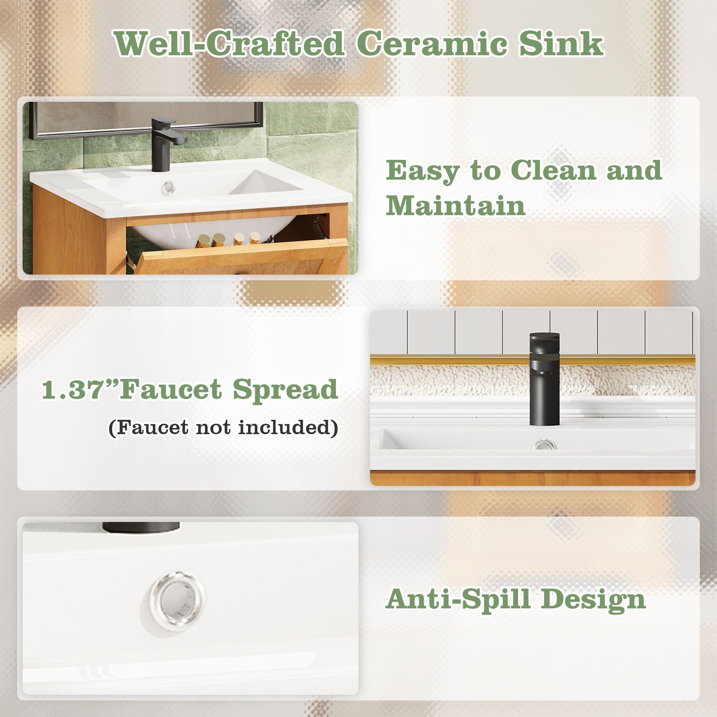 Bathroom Vanity With Integrated Sink, Soft-Closing Door - Natural Wood