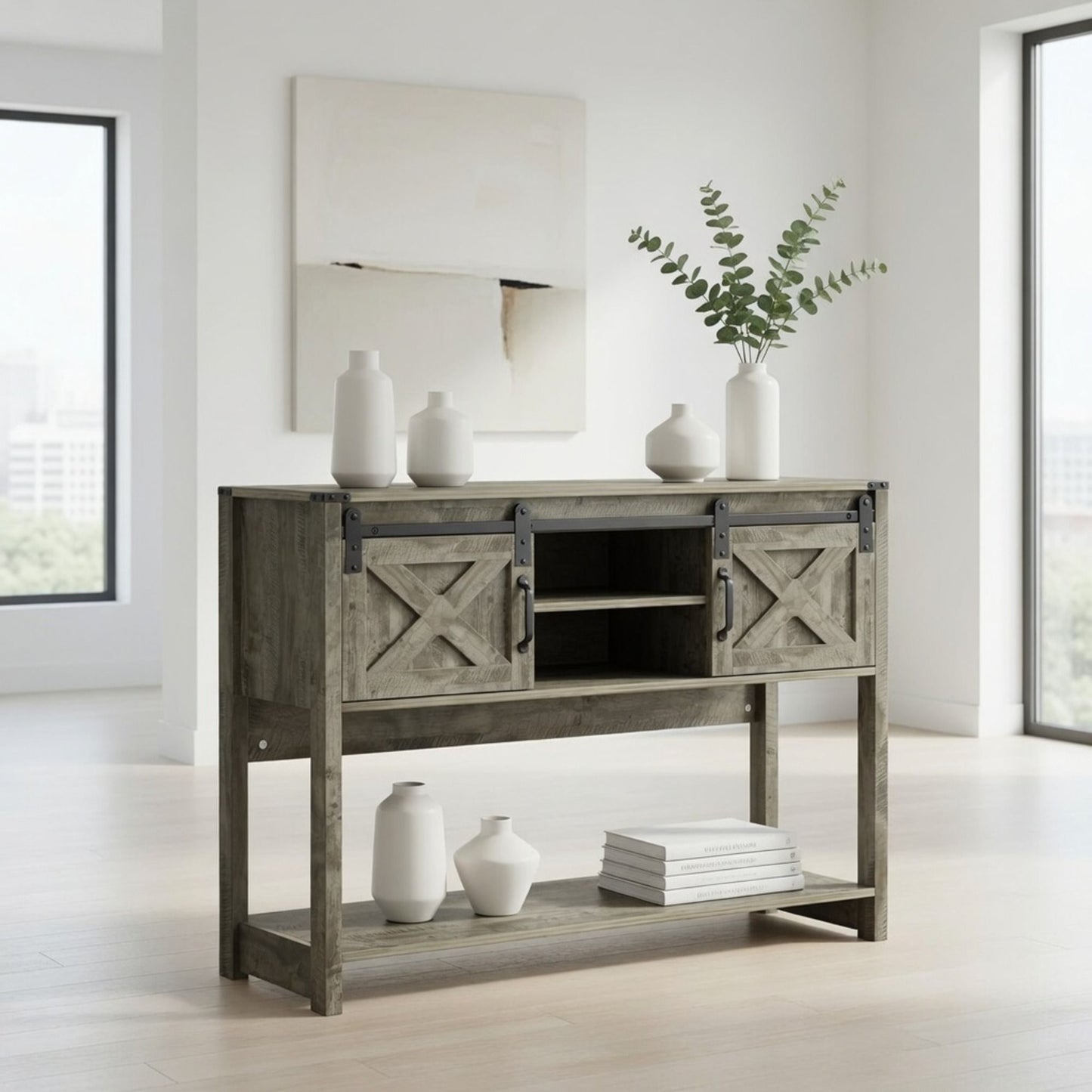 Farmhouse Entryway Table With Sliding Barn Door