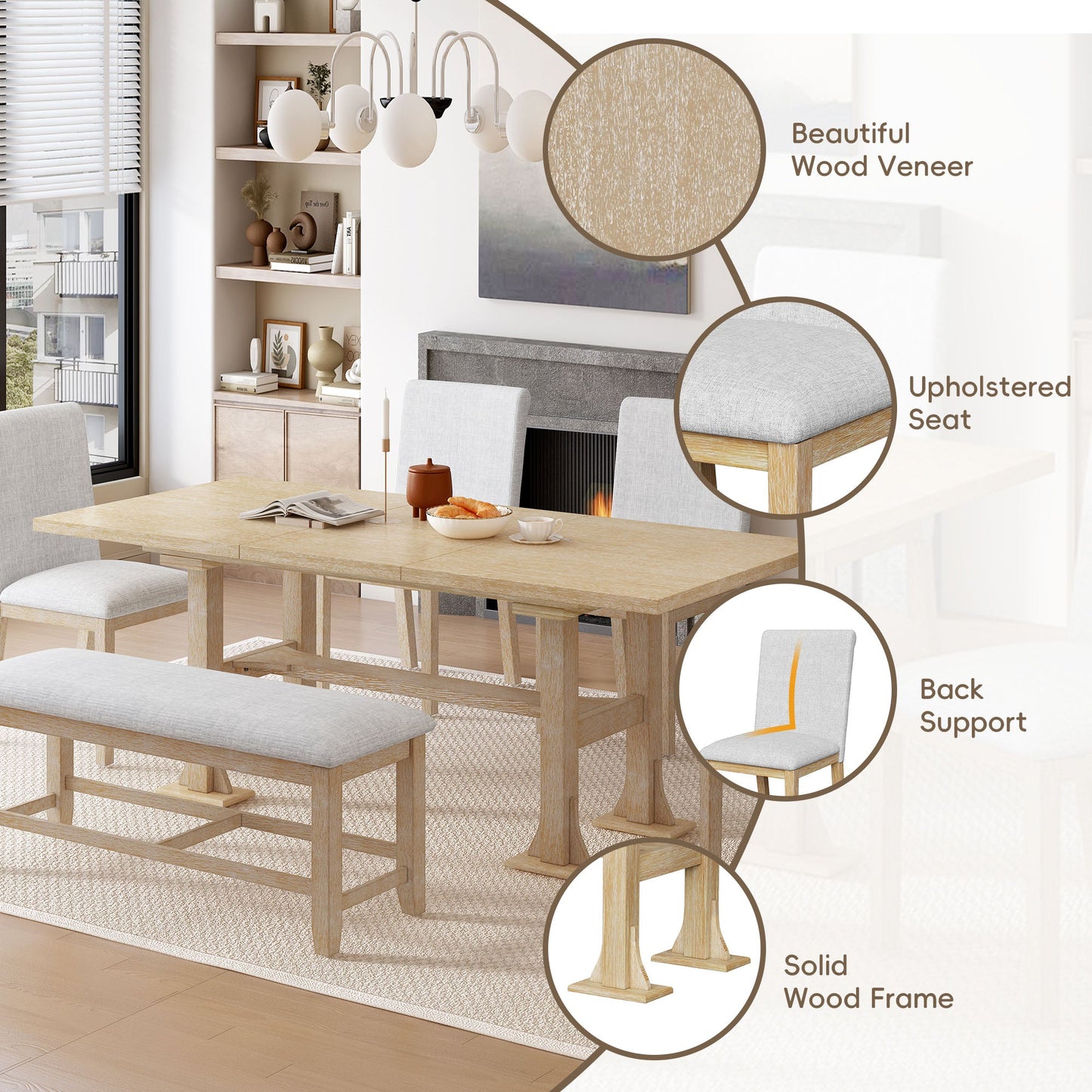 TOPMAX Farmhouse 6-Piece Extendable Dining Table Set
