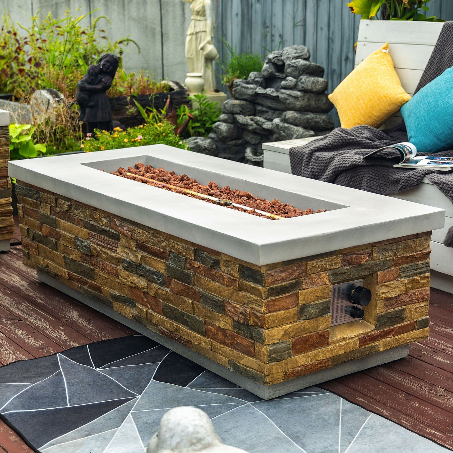 Propane Gas Fire Pit Table, 60000 Btu Rectangular For Outside Patio - Sandstone