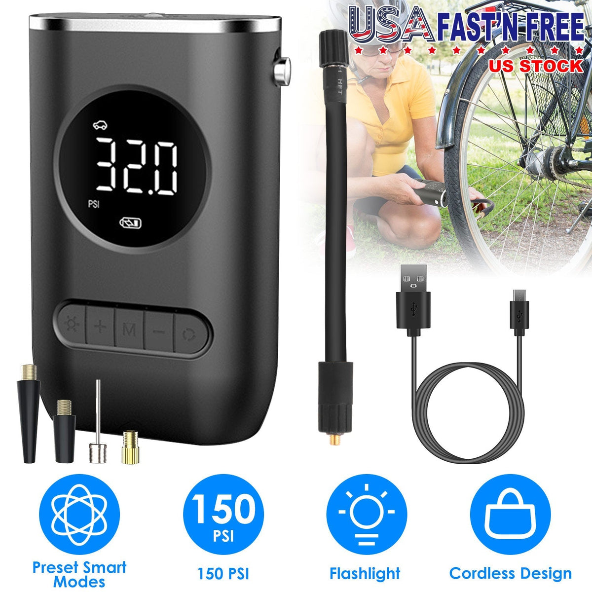 Car Tire Inflator Pump Portable Car Air Compressor Wireless Electric Air Pump 150 PSI with LED Light