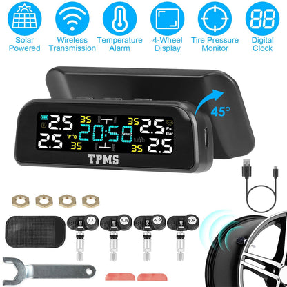 Wireless Solar Car Tire Pressure Monitoring System Auto Tire Pressure Monitor with Built-in Sensors Temperature Alarm for Car SUV Sedan RV