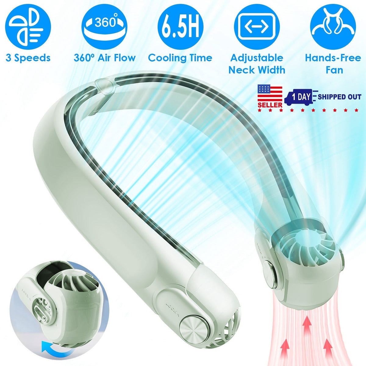 Portable Neck Hanging Fan Hands-free Cooling Personal Fan with 3 Speeds 360¼Air Flow Adjustable Neck Width for Home Office Travel Dormitory