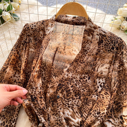 Women's Commute Style V-Neck Tie-Waist Leopard Print Blouse - Lantern Sleeve, Versatile and Chic Belted Shirt
