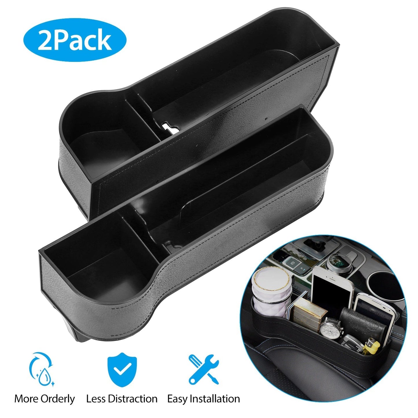 2Pcs Car Console Side Organizer Car Seat Gap Storage Box Pocket Organizer Seat Gap Filler Catch Caddy W/ Cup Holder Non-Slip Mat for Cellphone Key Car