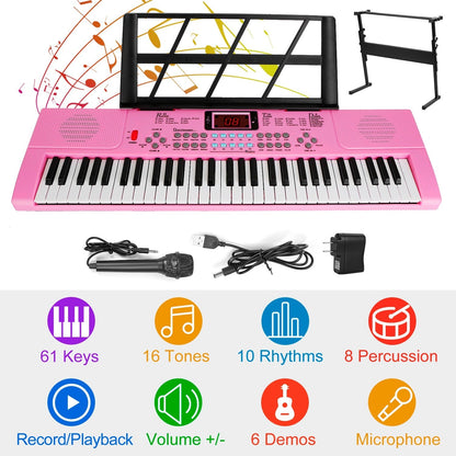 61 Keys Digital Music Electronic Keyboard Electric Musical Piano Instrument Kids Learning Keyboard w/ Stand Microphone For Beginners