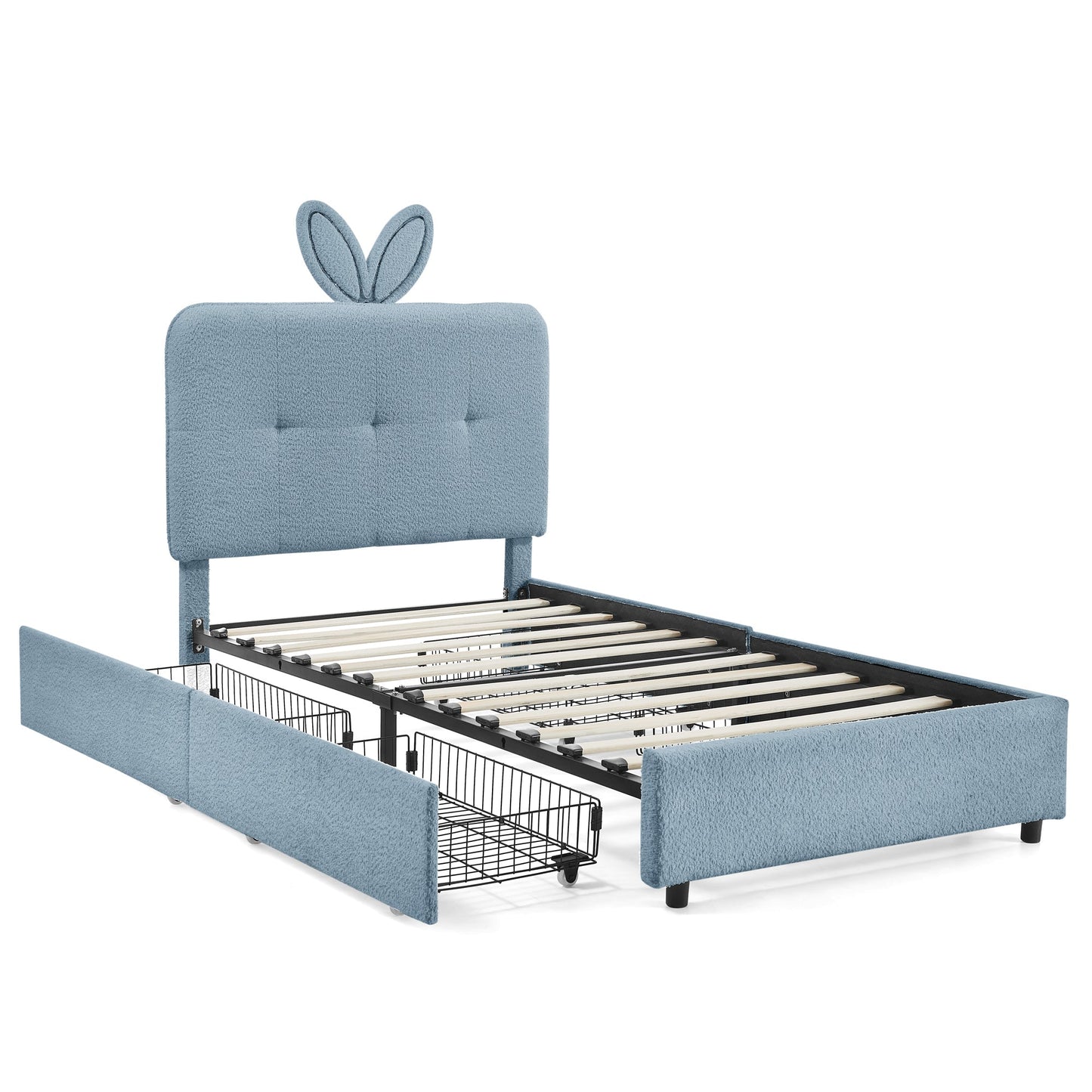Twin Size Kids Upholstered Bed with Oversized Rabbit Ear Headboard