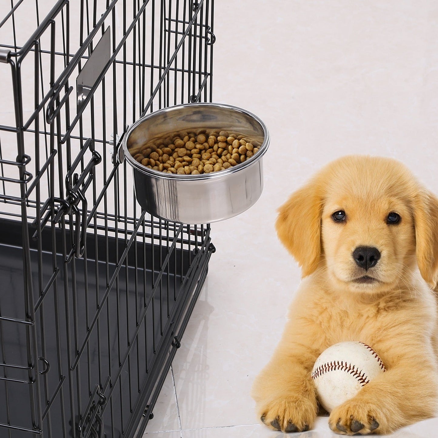 Stainless Steel Dog Bowl, Hanging Pet Food & Water Bowl with Clamp Holder, Detachable Cage Feeding Bowl