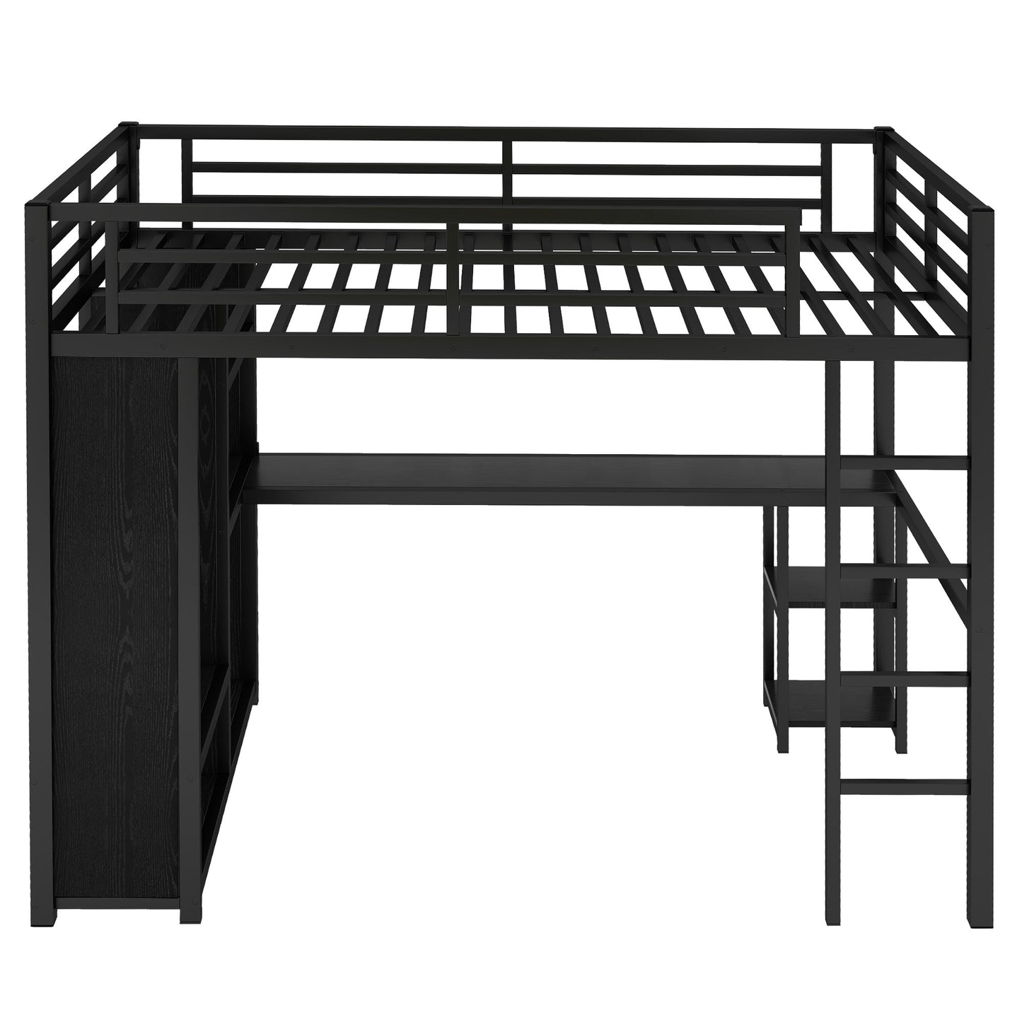 Full Size Loft Bed Frame with Built-in Wardrobe, Metal Loft Bed with Desk and Storage Shelves