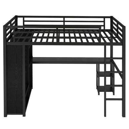 Full Size Loft Bed Frame with Built-in Wardrobe, Metal Loft Bed with Desk and Storage Shelves