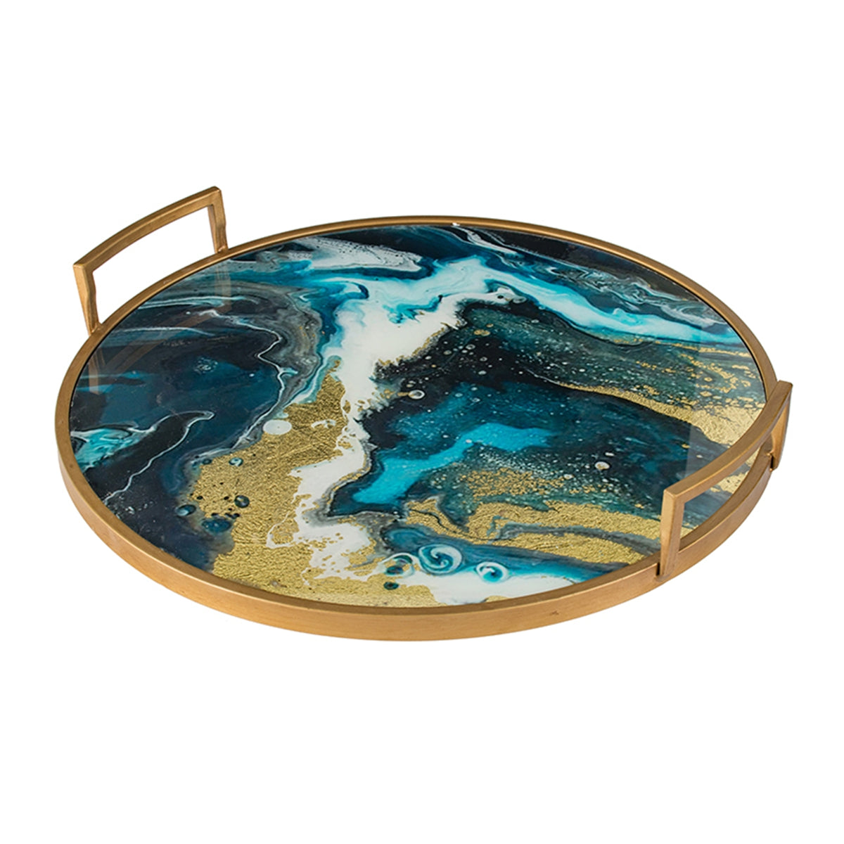 20.9x20.1x3.1" Round Accent Mirrored Tray with Handles