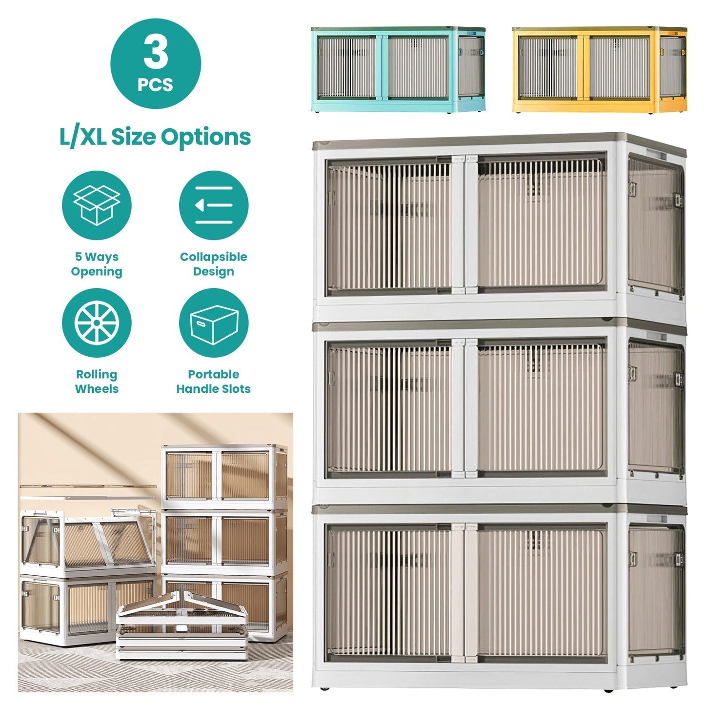 3Pcs Foldable Storage Bins with Lid 4 Doors Collapsible Stackable Closet Organizer Containers with Lock 4Pcs Wheels