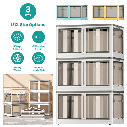 3Pcs Foldable Storage Bins with Lid 4 Doors Collapsible Stackable Closet Organizer Containers with Lock 4Pcs Wheels