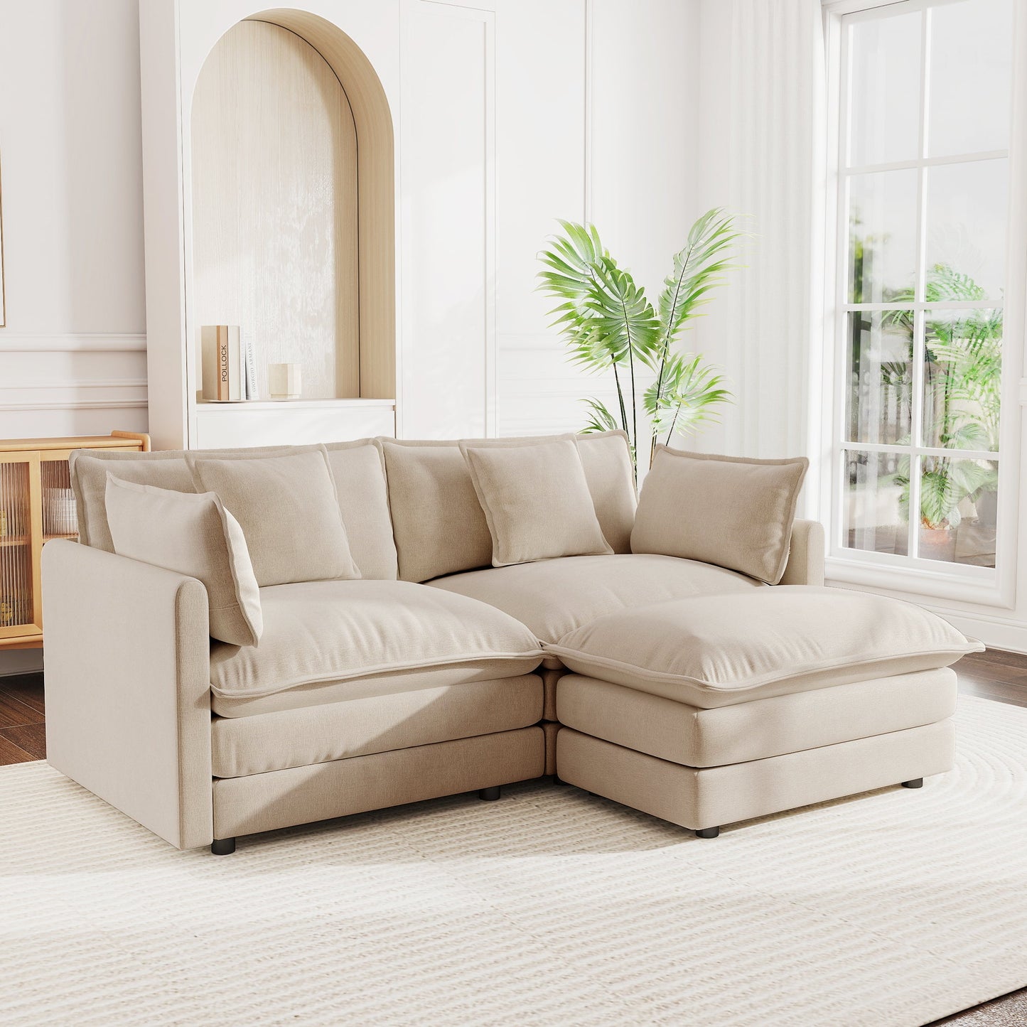 Chenille Two-Seater Sofa with 1 Footrest, 2 Seater L-Shaped Sectional with Ottoman