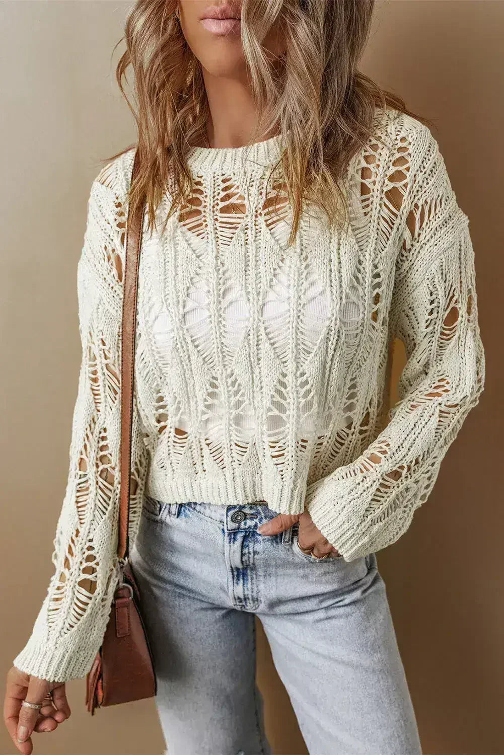 White Crochet Crew Neck Sweater - Loose Fit & High Elasticity | Femstylo