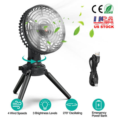 Foldable Camping Fan with Emergency Power Bank 270¡ Oscillating Rechargeable Tripod Fan for Hiking Fishing Personal Desk Fan with 4 Speeds 3 Brightnes