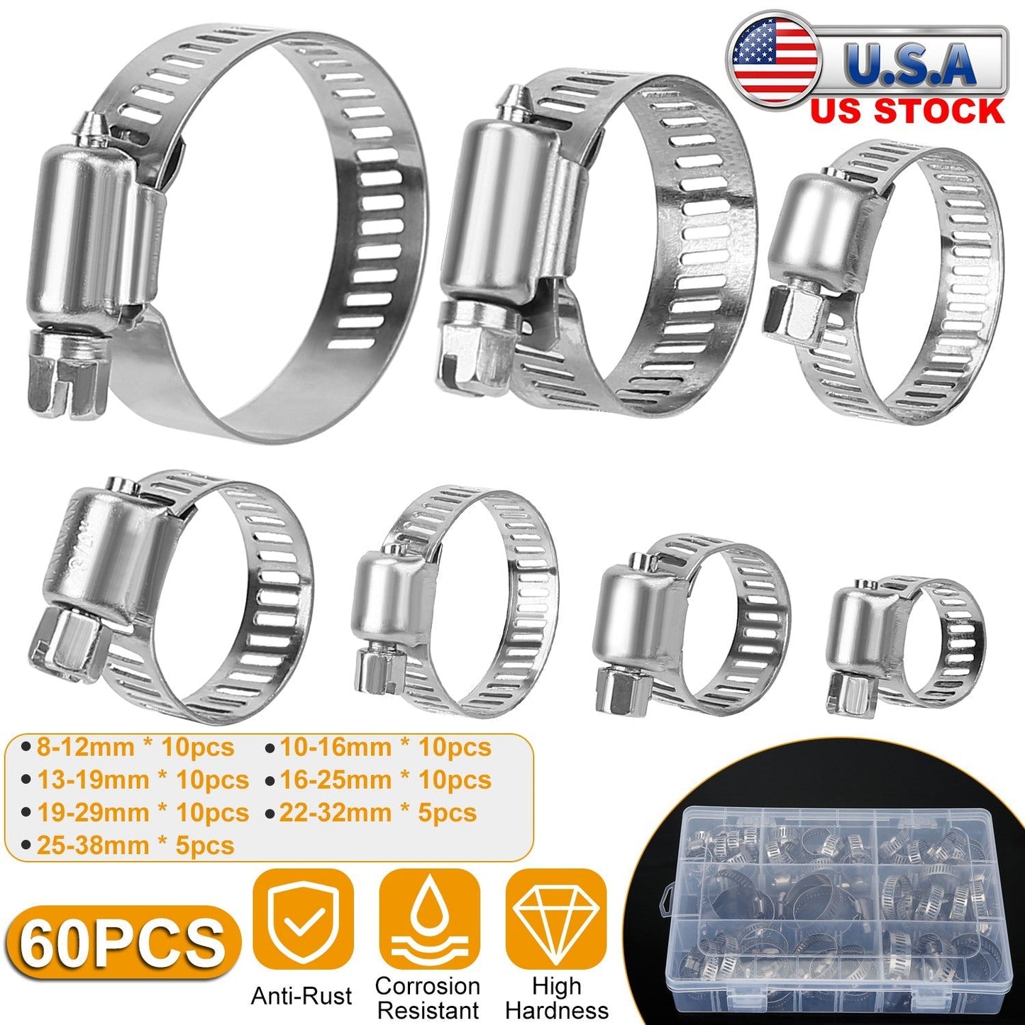 60Pcs Hose Clamp Set Stainless Steel Adjustable Worm Gear Assortment Pipe Tube Hose Clip Kit For Plumbing Automotive Mechanical